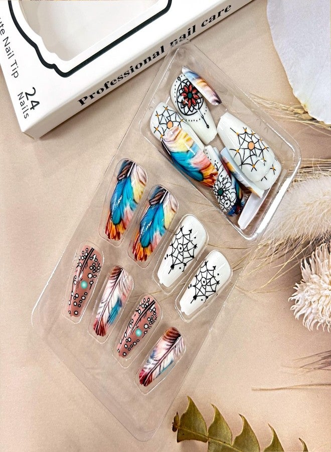 TBRZTR Press on Nails Medium Coluful Feather False Nails Cute Wind Chimes Pattern Design Ballet Shaped Nails Artificial Coffin Nails Full Cover Stick on Nails Glossy Accrylic Glue on Nails for Women - Image 4
